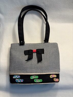 BracianoBlack & White Gingham Tote with Bow Accent